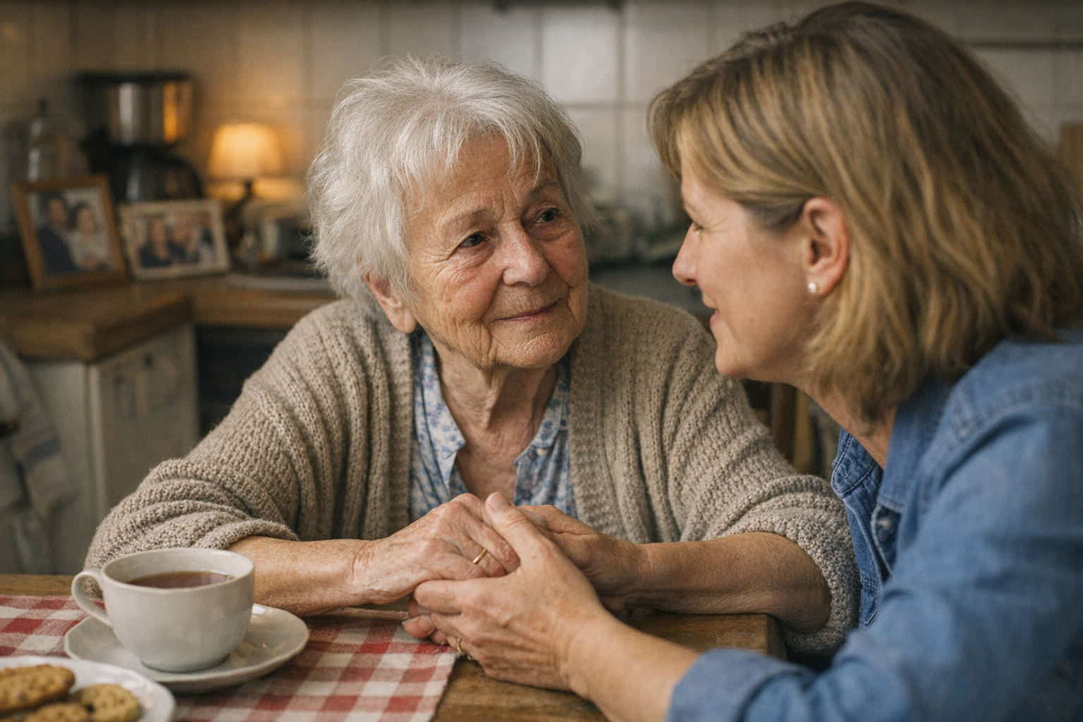 ältere Frau mit Angehöriger im Gespräch ältere Frau mit Angehöriger im Gespräch