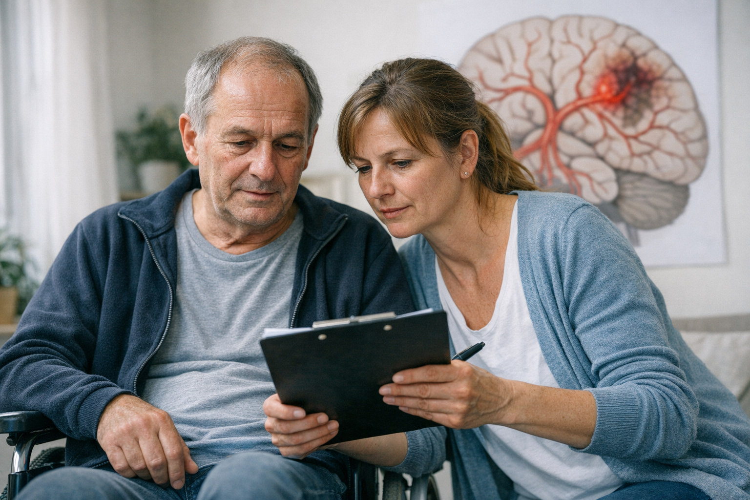 Symbolic image of stroke and care level application Symbolic image of a person in a wheelchair with a caregiver and a brain in the background as a symbol for stroke and care level application