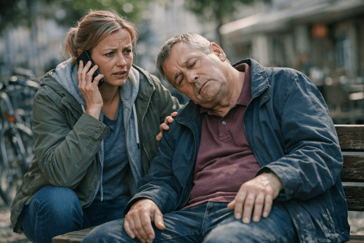 Erste Hilfe bei Schlaganfall Erste Hilfe bei Schlaganfall in Deutschland: Eine Person erkennt Schlaganfallsymptome und ruft den dos Notdienst