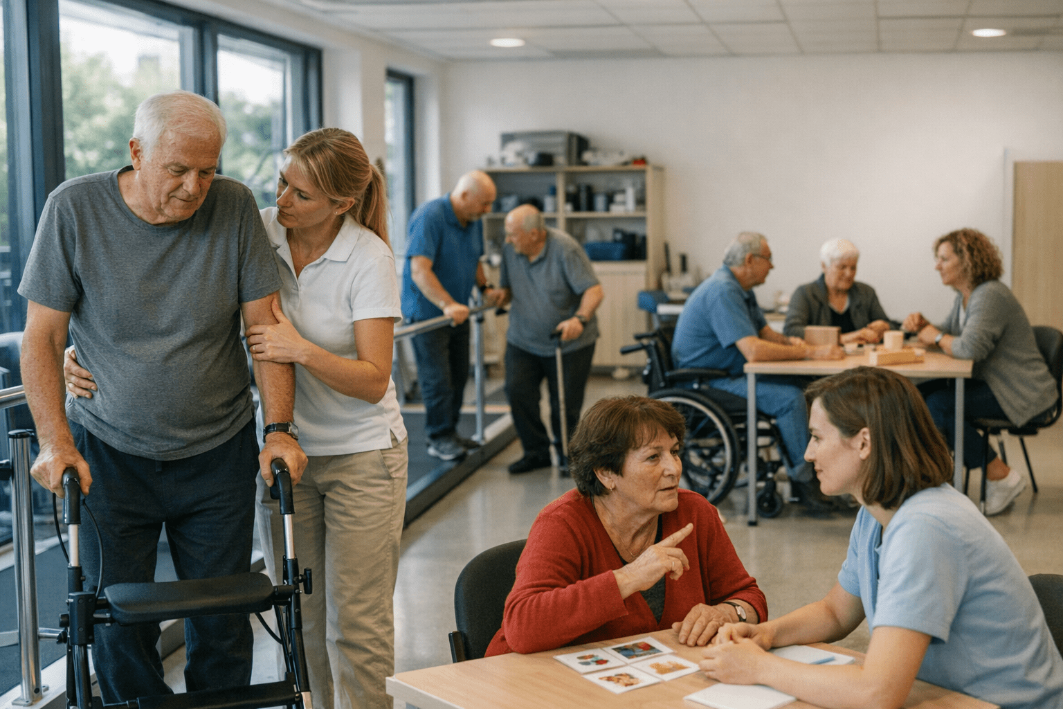 Rehabilitationsklinik mit Patienten nach Schlaganfall bei verschiedenen Therapien Rehabilitationsklinik mit Patienten nach Schlaganfall bei verschiedenen Therapien