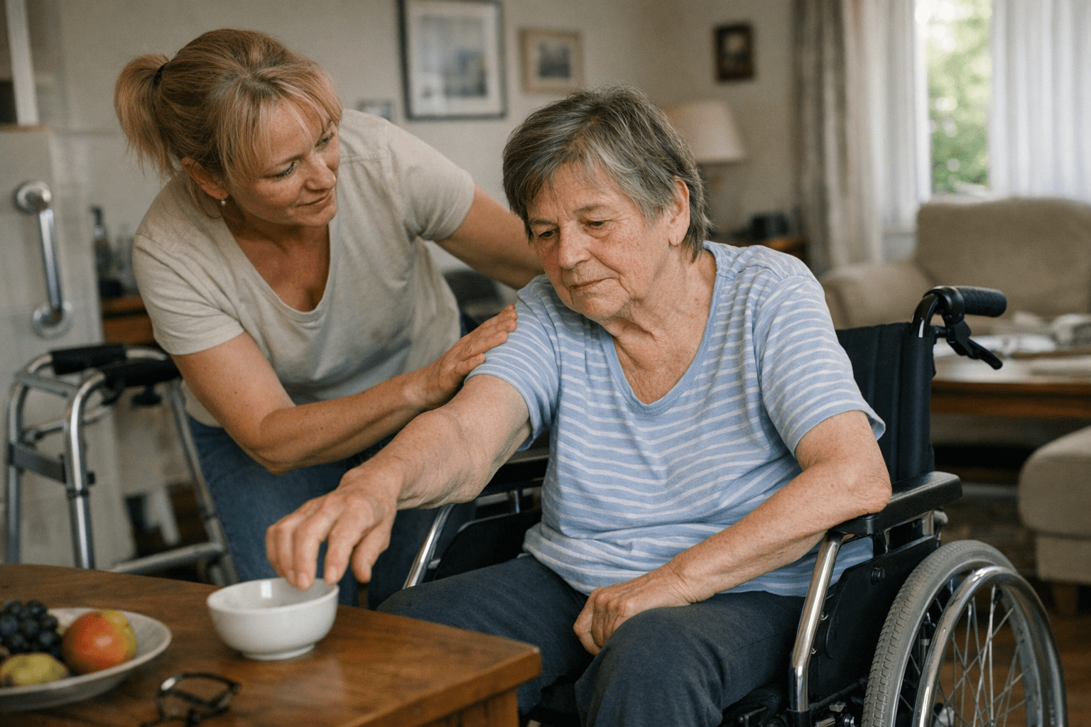 ältere Frau mit halbseitiger Lähmung nach sop Schlaganfall im Rollstuhl ältere Frau mit halbseitiger Lähmung nach Schlaganfall im Rollstuhl