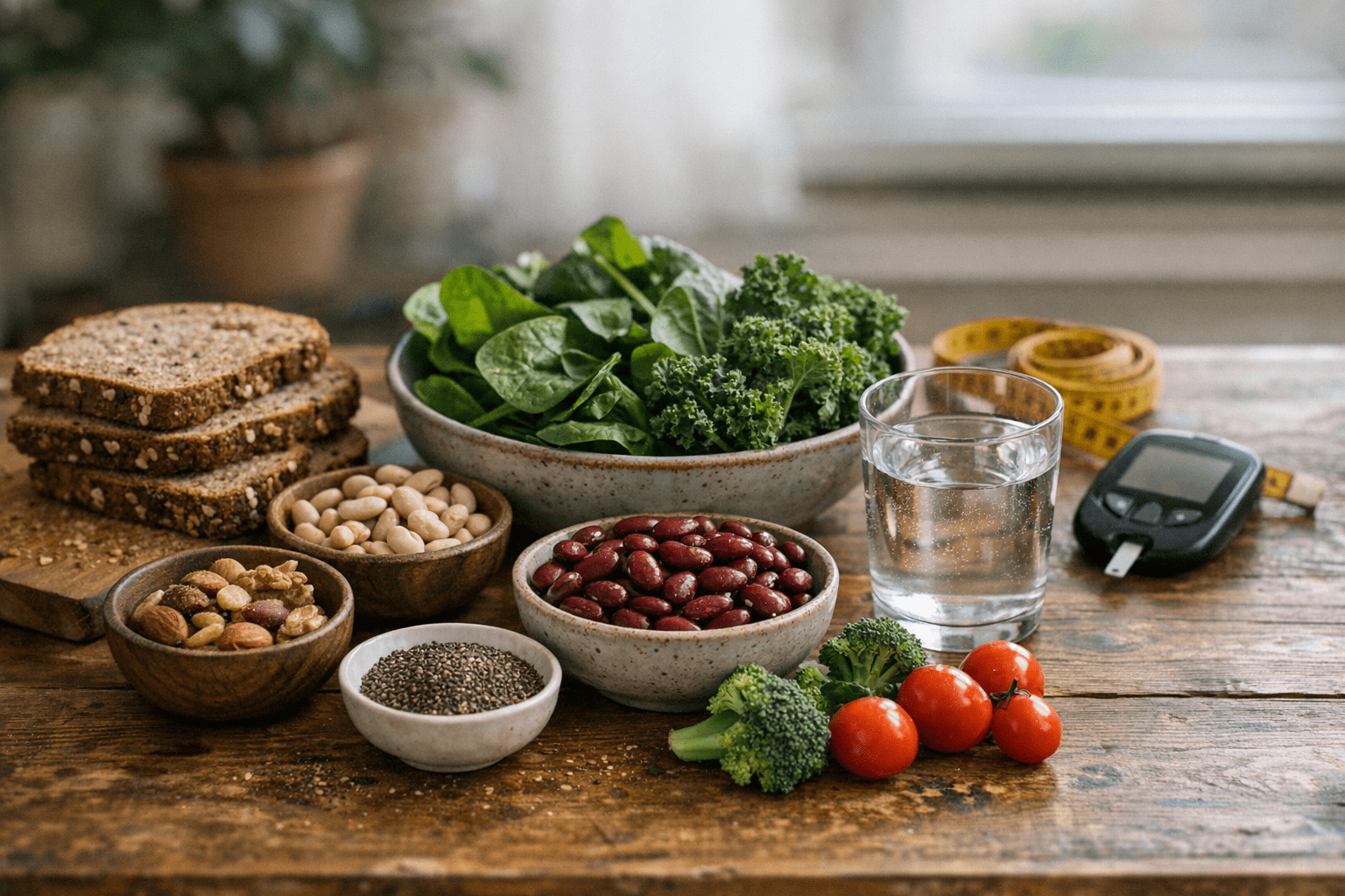 gesunde Lebensmittel zur Blutzuckersenkung gesunde Lebensmittel zur Blutzuckersenkung wie Vollkornbrot, grünes Gemüse, Bohnen, Nüsse, Wasser und Zimt auf einem Holztisch mit Blutzuckermessgerät im Hintergrund