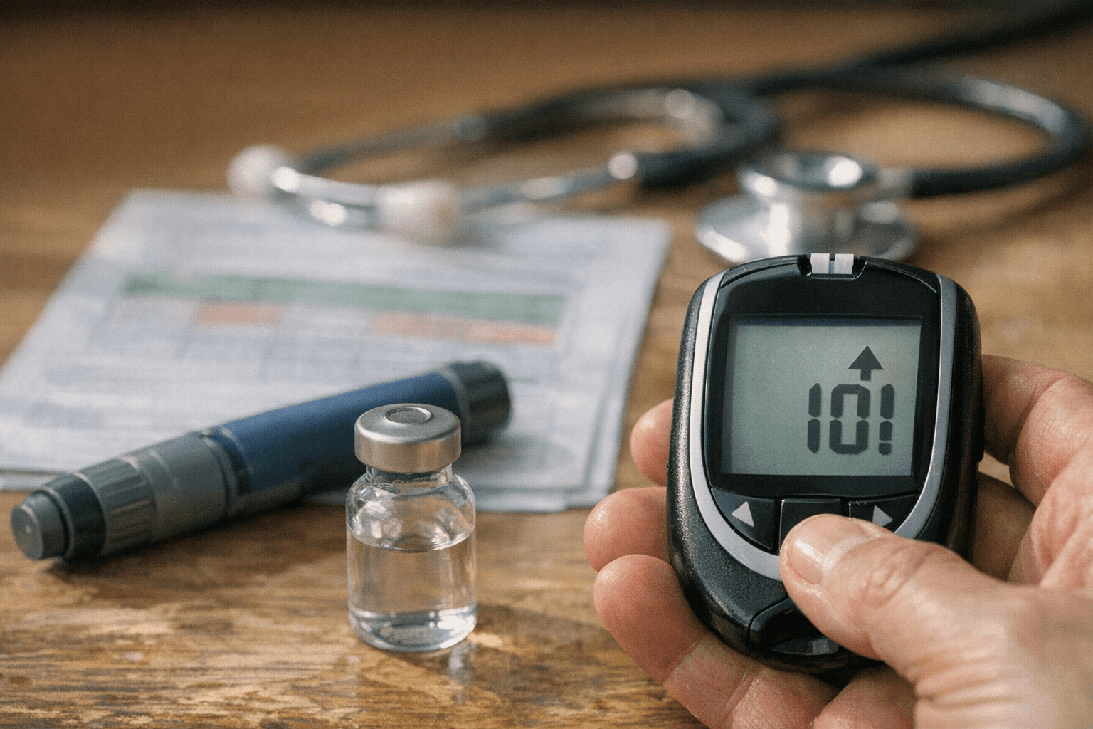 Blutzucker Messgerät und Insulin Blutzucker Messgerät und Insulin neben einer Hand