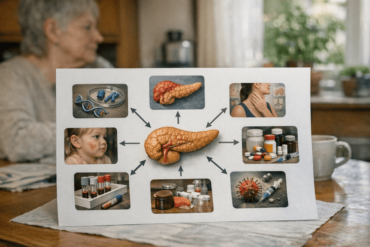 verschiedene Ursachen von Diabetes Typ 3 Diagramm der verschiedenen Ursachen von Diabetes Typ 3 mit acht Untergruppen