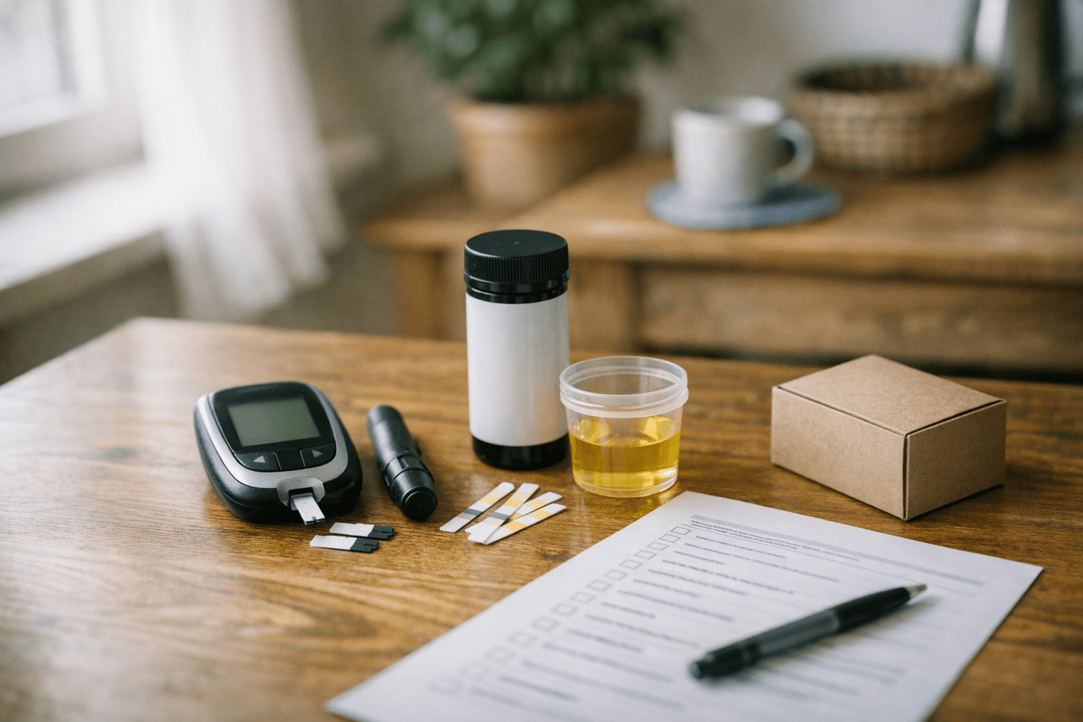 verschiedene Diabetes-Selbsttests für zu Hause Verschiedene Diabetes-Selbsttests für zu Hause: Blutzuckermessgerät, Urinteststreifen, Online-Risikotest und Testbox auf einem Tisch arrangiert