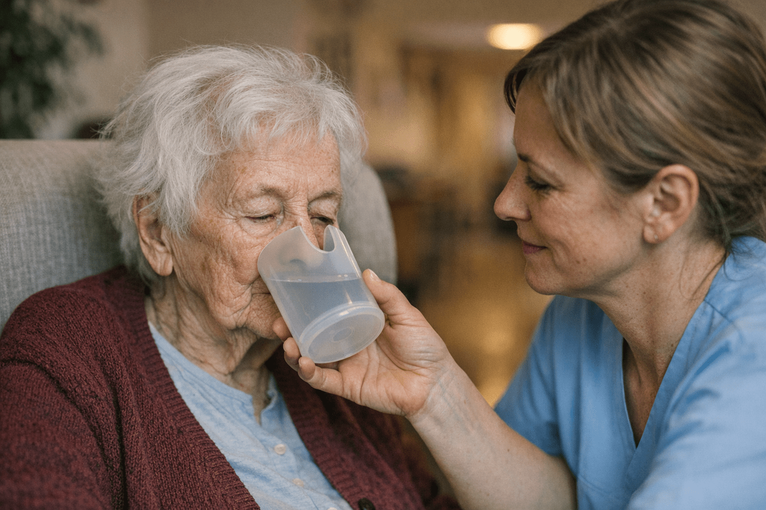 Pflegekraft hilft beim Trinken Demenz Pflegekraft hilft einer älteren Person beim Trinken mit einem Spezialbecher