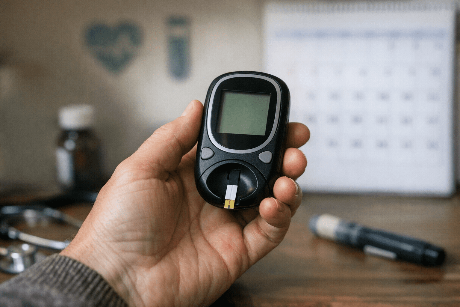 Symbolische Darstellung Blutzuckertest Symbolische Darstellung eines Blutzuckertests mit Blutzuckermessgerät und Kalender
