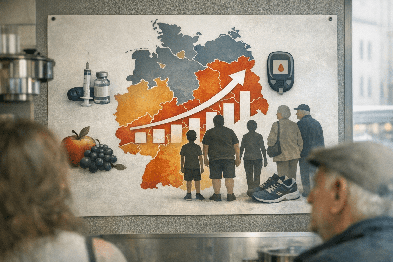 Prävalenz von Typ-2-Diabetes in Deutschland Symbolbild für die Prävalenz von Typ-2-Diabetes in Deutschland mit einer Karte, steigender Kurve und Menschen verschiedener Altersgruppen
