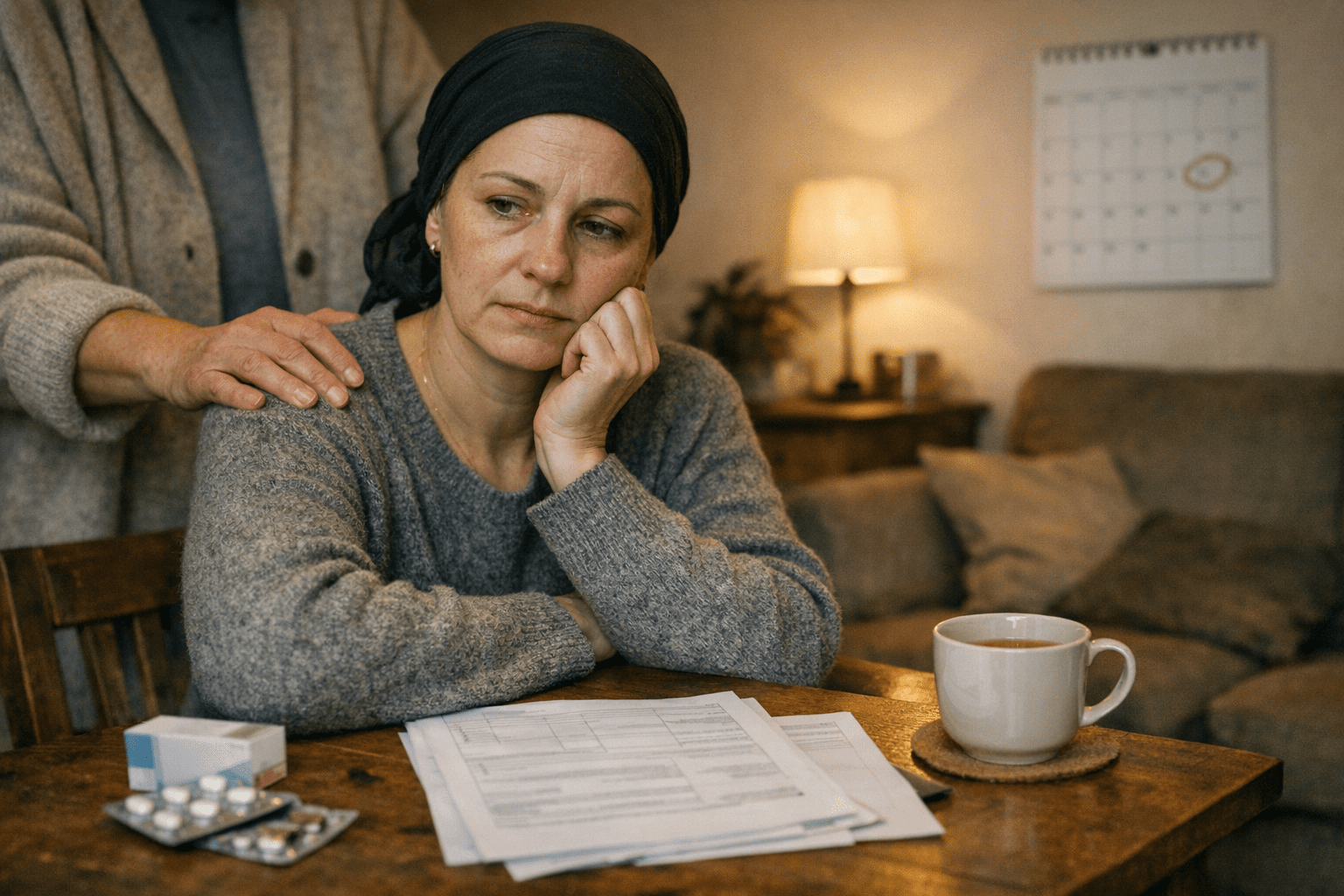 Symbolbild Krebsdiagnose und Pflegebedarf Symbolbild einer Person mit Krebsdiagnose und Pflegebedarf im Wohnzimmer mit unterstützendem Familienmitglied