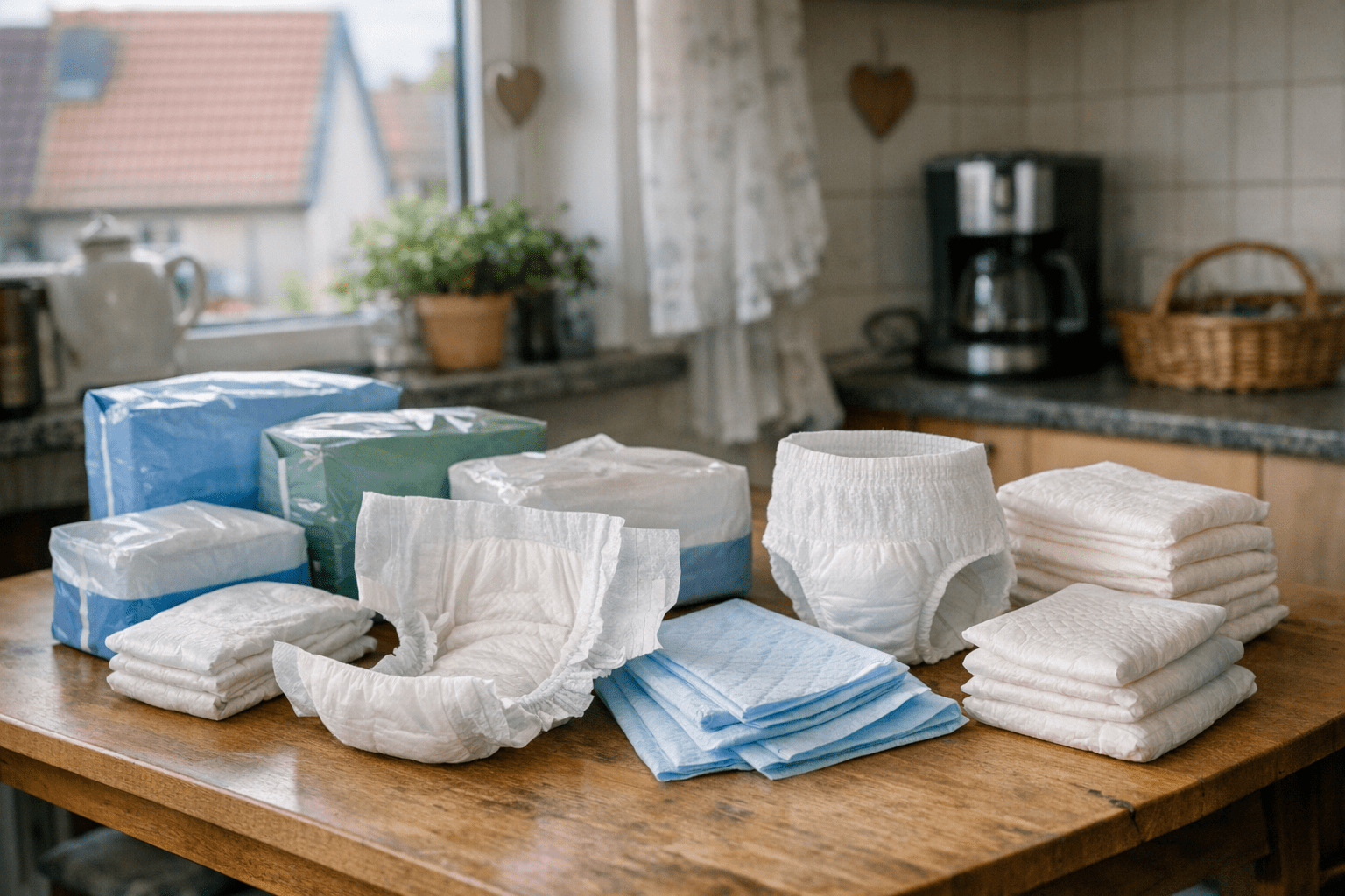 verschiedene Inkontinenzprodukte auf einem Tisch verschiedene Inkontinenzprodukte auf einem Tisch