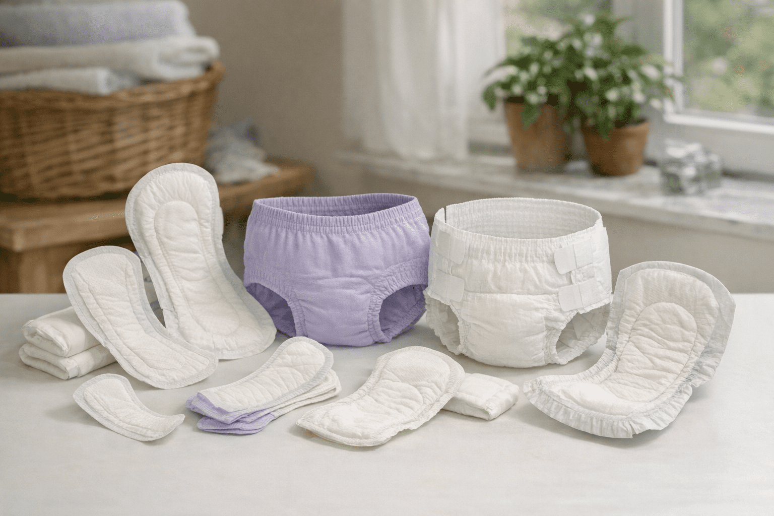 verschiedene Inkontinenzprodukte für Frauen auf weißem Hintergrund verschiedene Inkontinenzprodukte für Frauen auf weißem Hintergrund