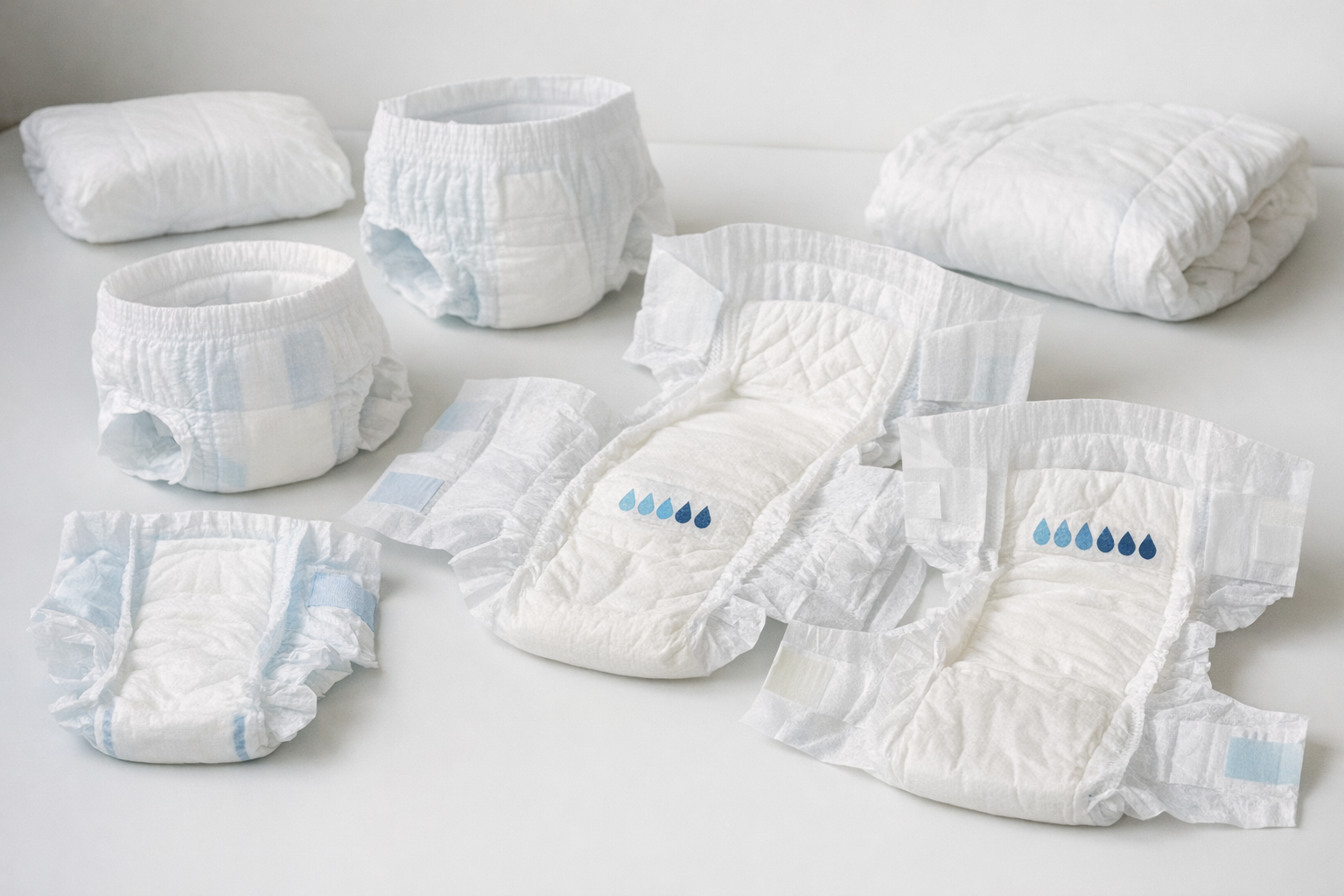 Various adult diapers selection Various adult diapers on a white background