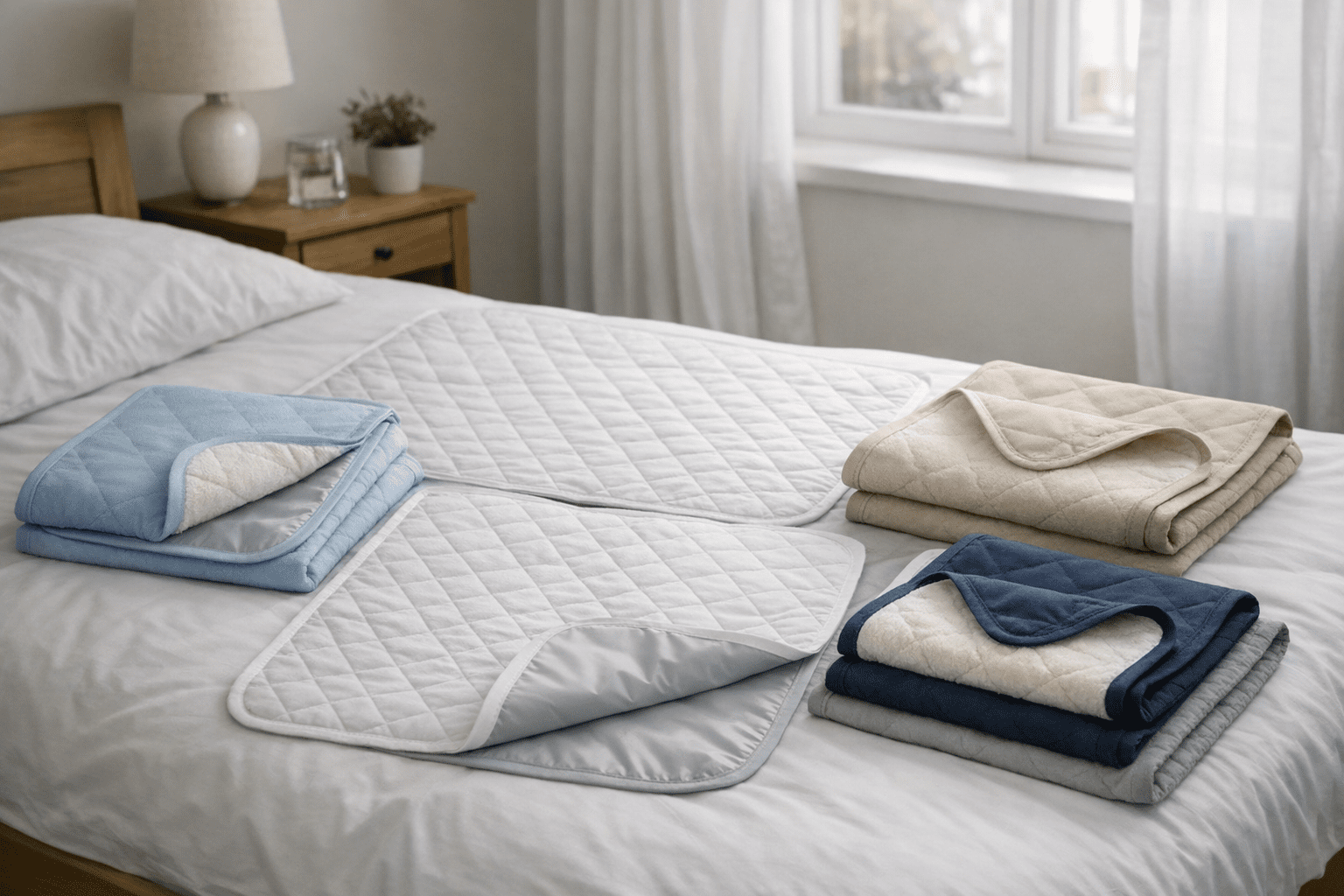 verschiedene waschbare Bettschutzeinlagen auf einem Bett Verschiedene waschbare Bettschutzeinlagen auf einem Bett in unterschiedlichen Größen und Farben