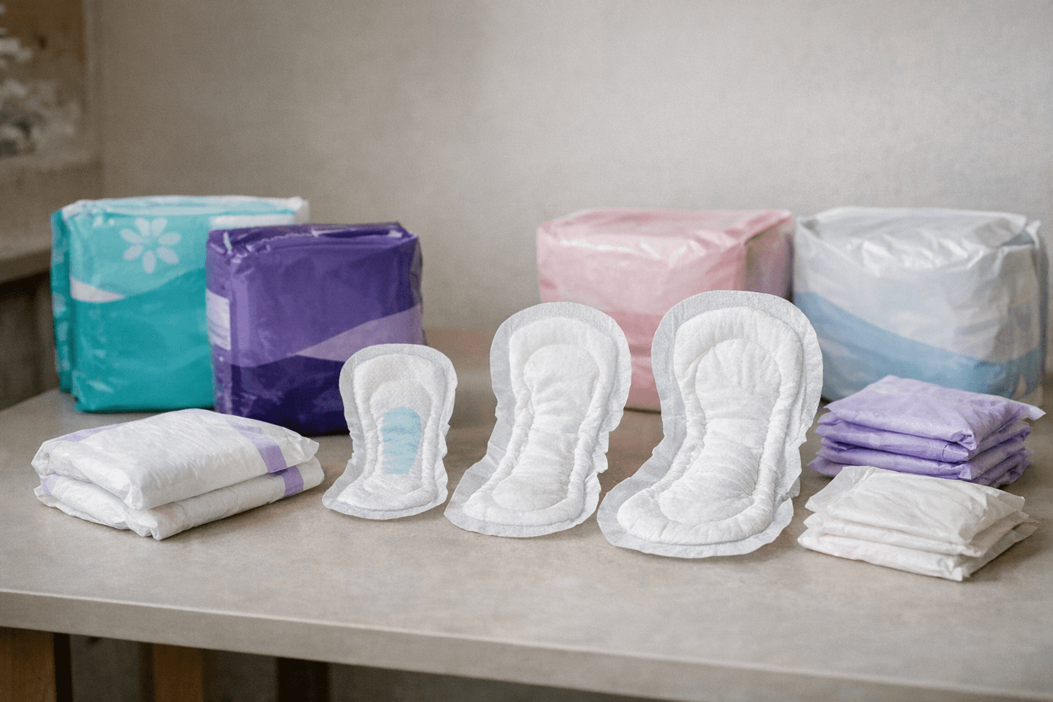 verschiedene Inkontinenzeinlagen für Frauen auf einem Tisch verschiedene Inkontinenzeinlagen für Frauen auf einem Tisch