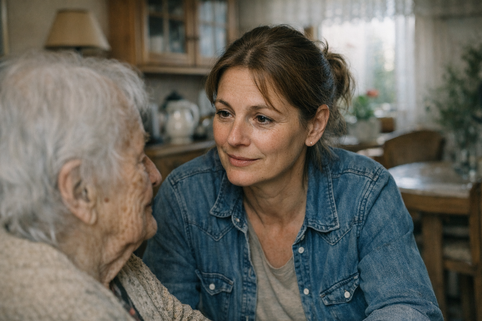 Familienmitglied spricht mit Demenzkranken Familienmitglied spricht mit Demenzkranken