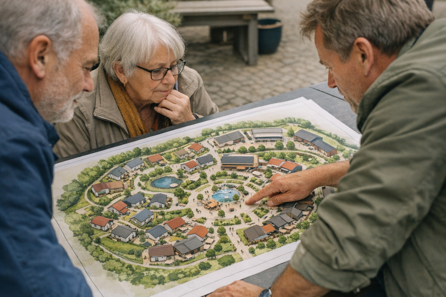 Architektonische Gestaltung Demenzdorf Architektonische Gestaltung eines Demenzdorfs mit zentralen Einrichtungen und Gemeinschaftsbereichen