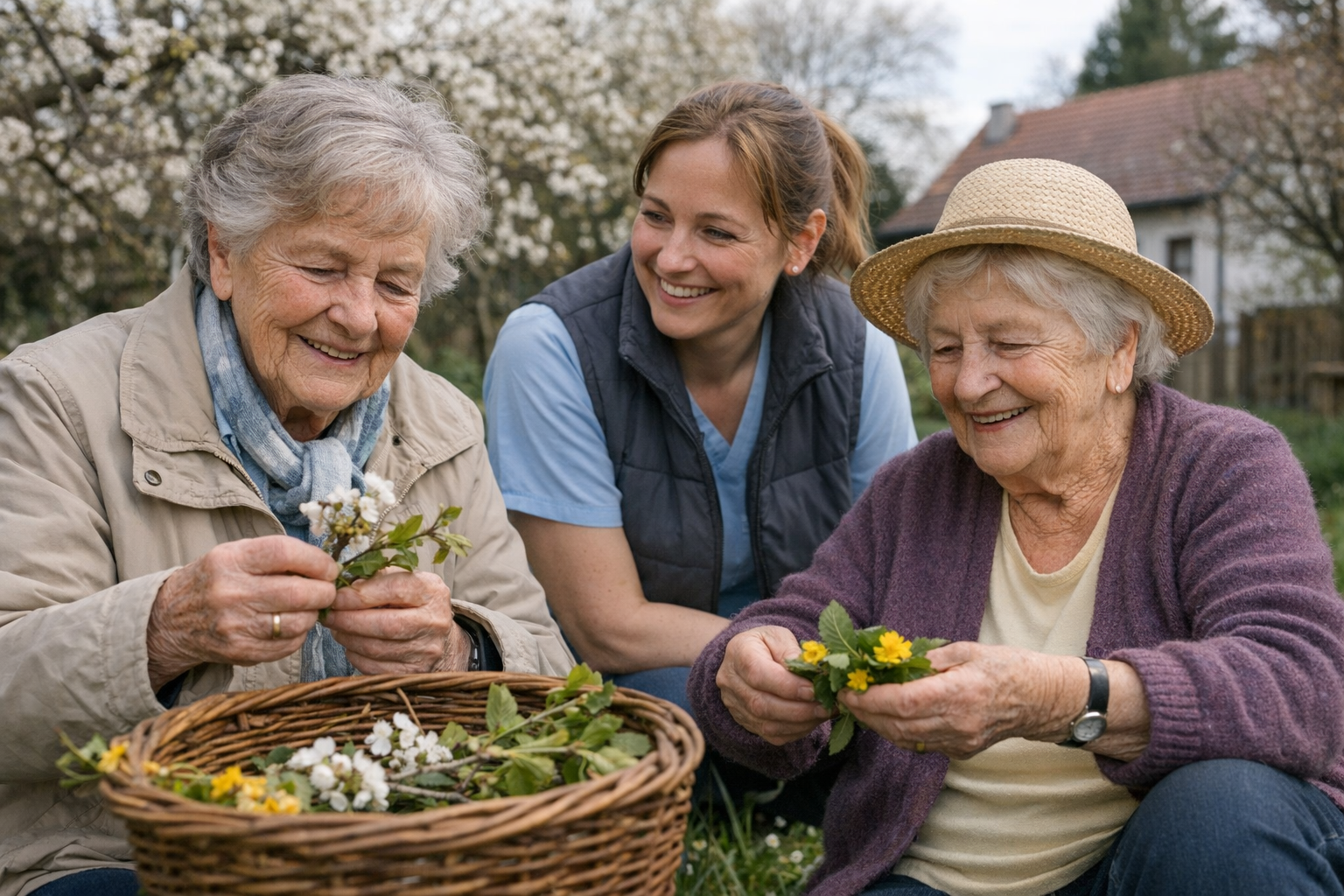 Sammeln von Naturmaterialien im Frühling Sammeln von Naturmaterialien im Frühling durch Senioren und Betreuerinnen im Garten