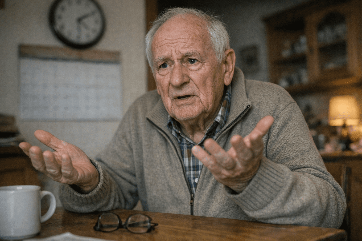 Verwirrter älterer Mann mit fragendem Blick Verwirrter älterer Mann mit fragendem Blick in vertrauter Umgebung