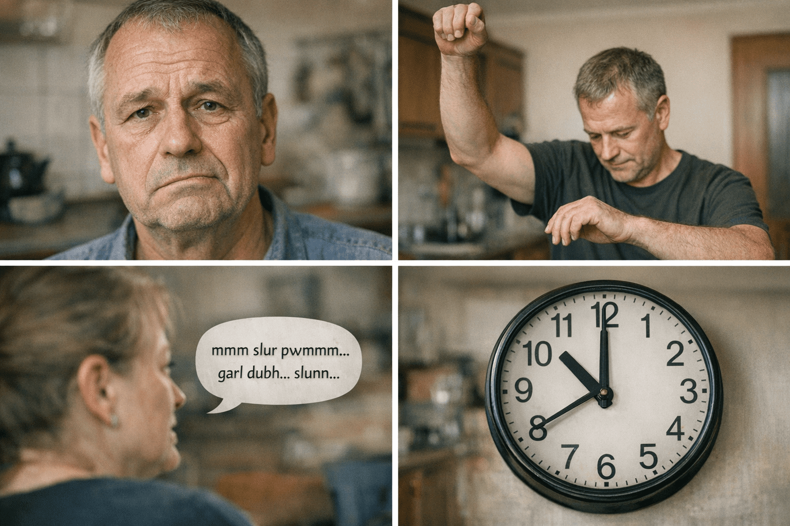 FAST-Test Schlaganfall Symptome FAST-Test zur modern Schlaganfall-Erkennung mit vier Symbolen: Gesicht mit tangendem Mundwinkel, zwei Arme, Sprechblase und Uhr