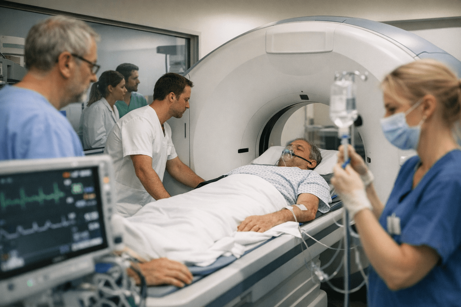 Schlaganfall Versorgung im Krankenhaus Krankenhausszene mit Schlaganfallpatient und medizinischem Personal bei der Behandlung auf einer Stroke Unit