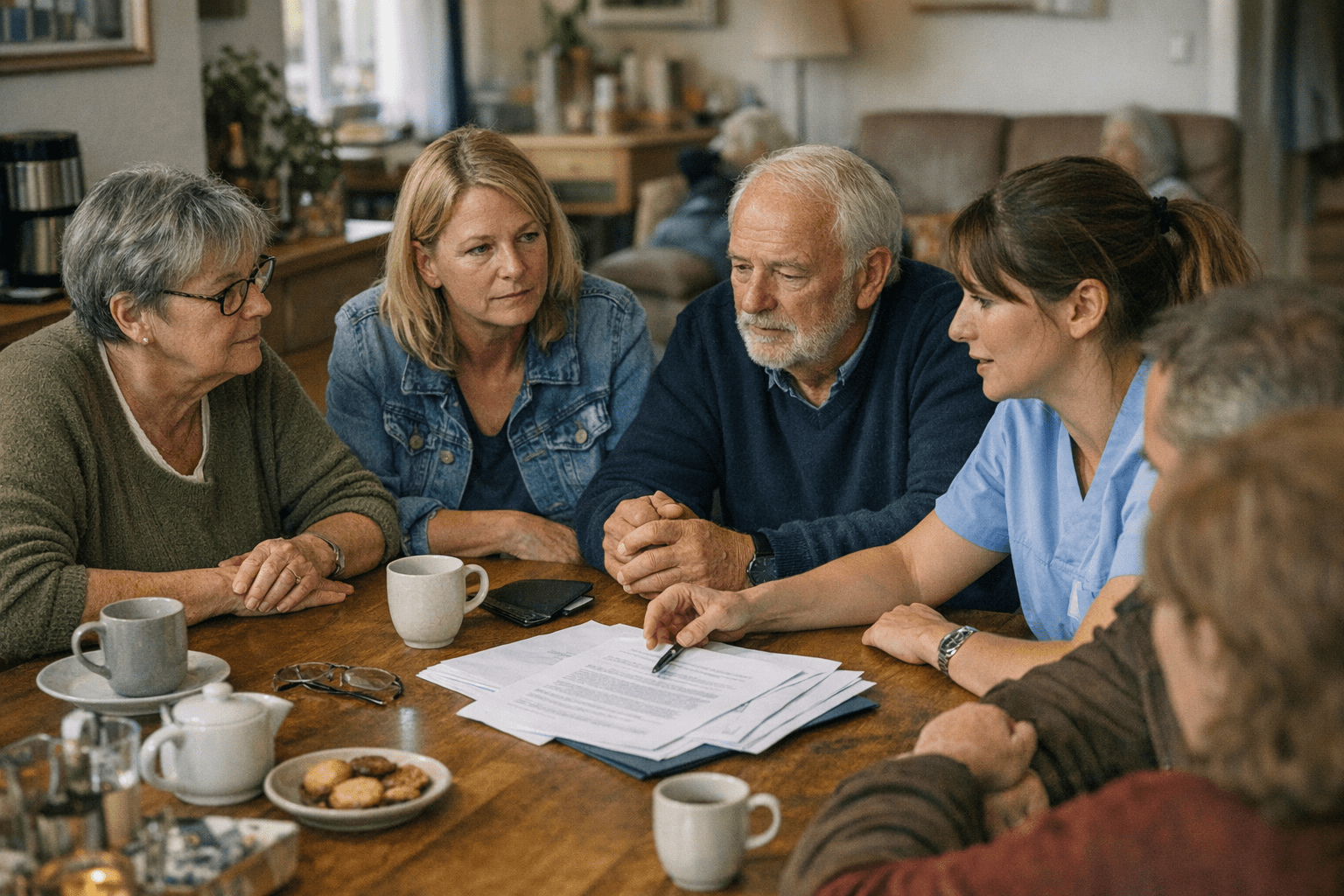 Angehörige in einer Demenz-WG Angehörige und rechtliche Vertreter besprechen Pflegepläne und Alltag in einer Demenz-WG