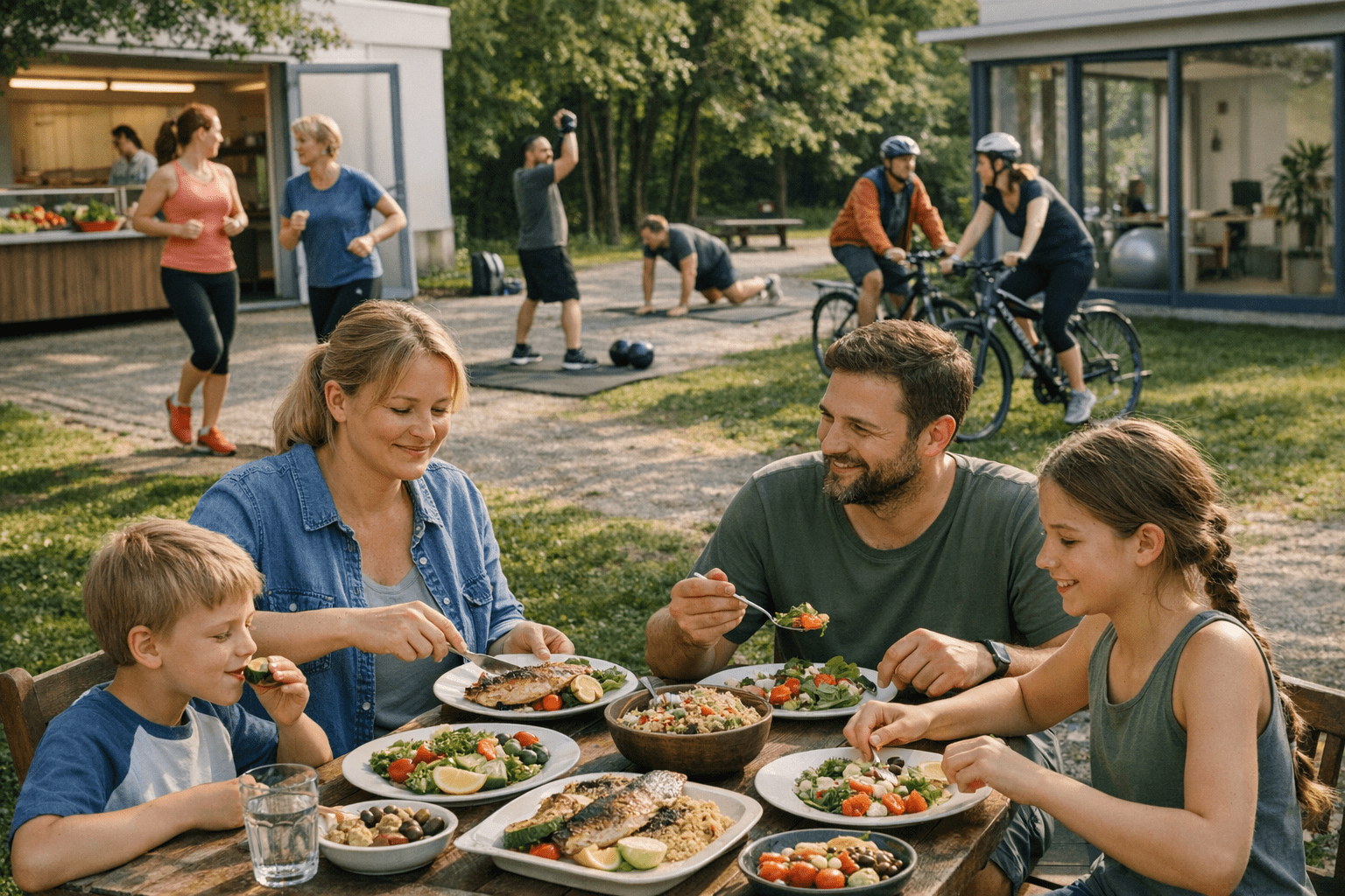 Prävention durch gesunde Ernährung und Bewegung Prävention von Typ-2-Diabetes durch gesunde Ernährung und Bewegung mit Menschen beim Sport und gesunder Mahlzeit