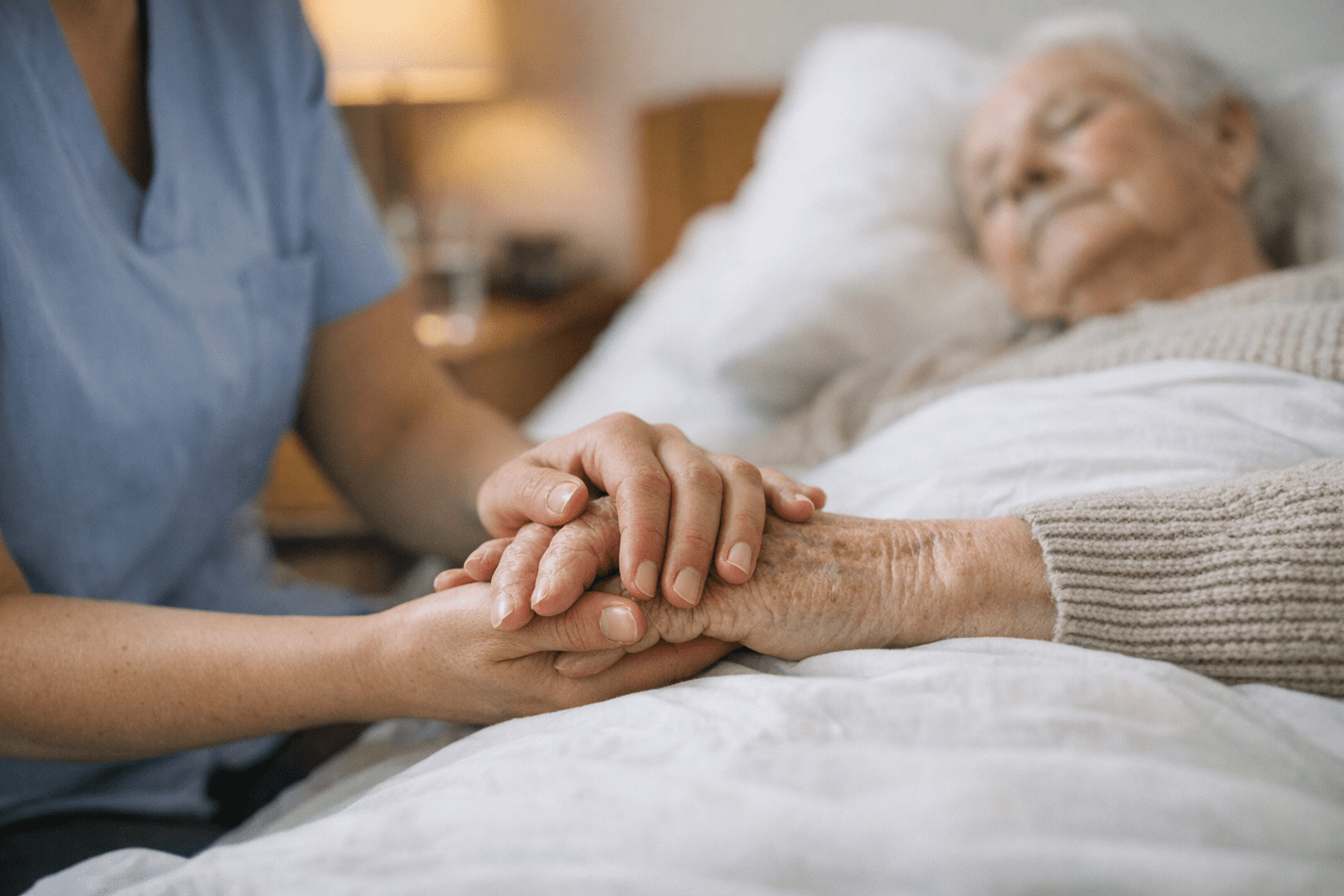 Pflegekraft hält die Hand eines alten Menschen im Pflegebett Pflegekraft hält die Hand eines alten Menschen im Pflegebett