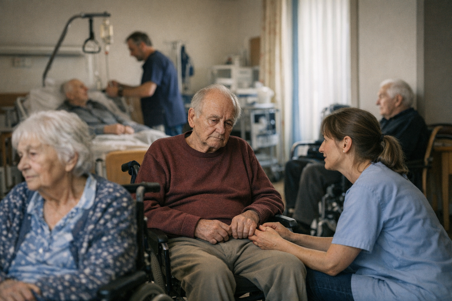 Pflegeheim und Demenz Szene im Pflegeheim mit älteren Menschen und Pflegepersonal