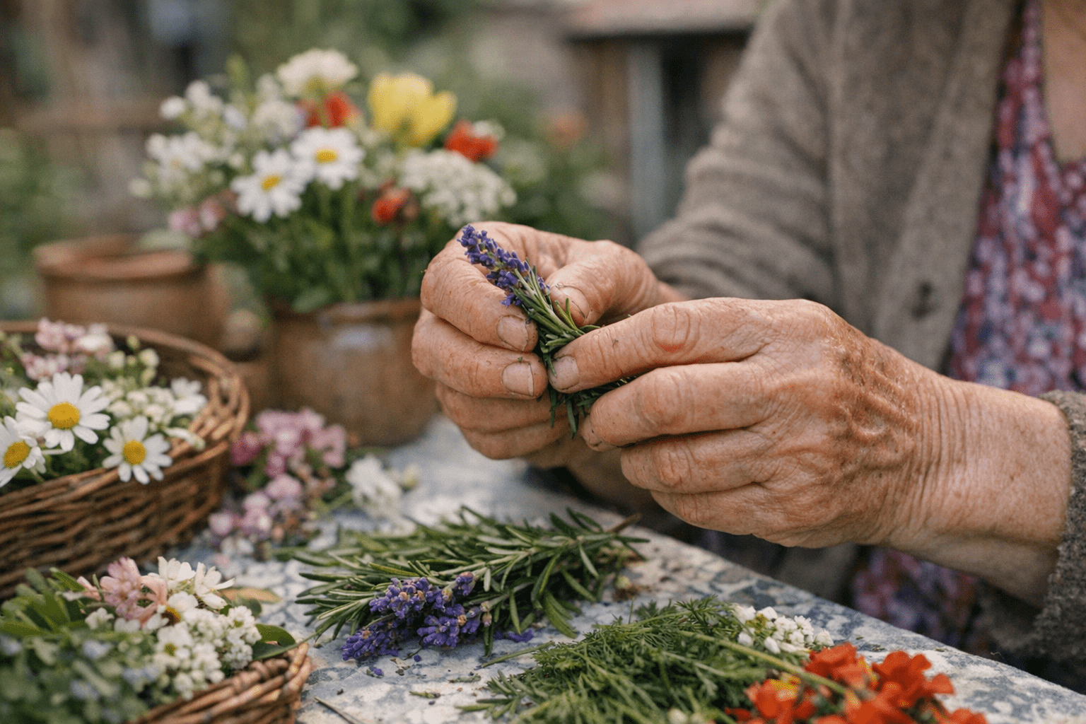Duftende Kräuter und Blumen für die Sinne Nahaufnahme von Senioren, die duftende Kräuter und Blumen mit den Händen ertasten