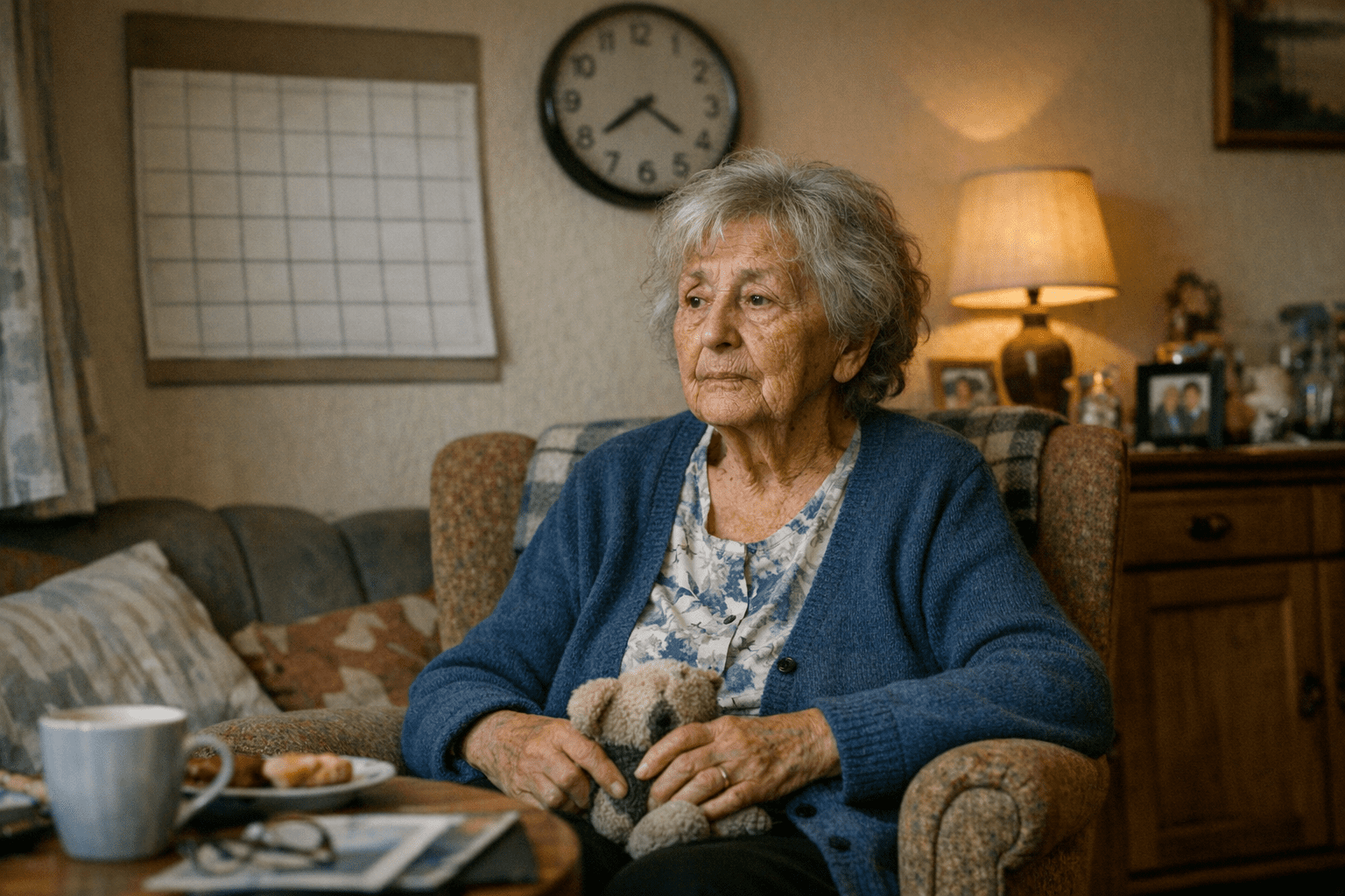 Ältere Frau mit Demenz in vertrauter Umgebung Ältere Frau mit Demenz in vertrauter Umgebung mit Kalender und Uhr