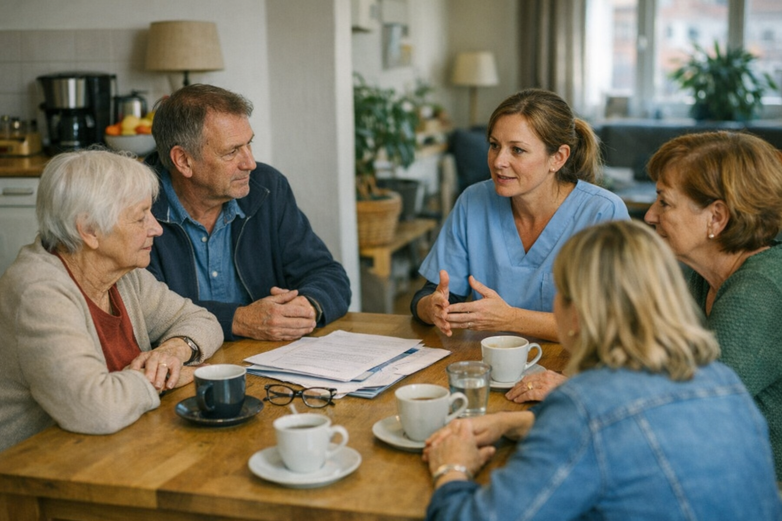 Angehörige und Pflegedienst bei der Besprechung in einer Demenz-WG Angehörige und Pflegedienst bei der Besprechung in einer Demenz-WG