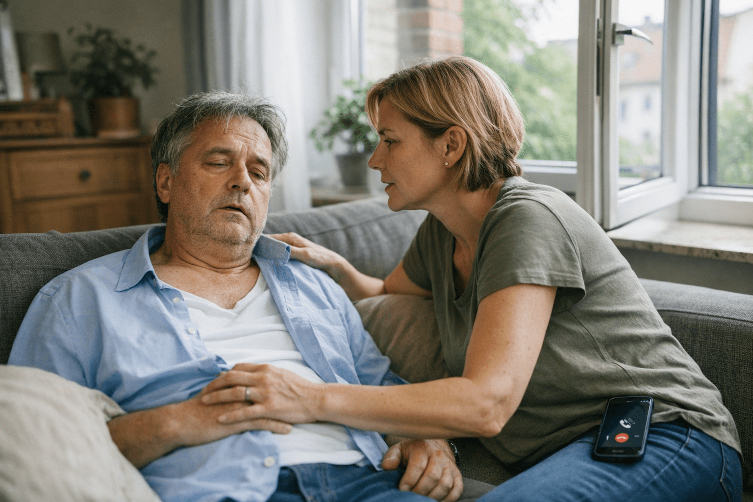 Erste Hilfe bei Schlaganfall Erste Hilfe bei Schlaganfall: Patient mit erhöhtem Oberkörper, Helfer beruhigt, Fenster offen, Notruf 112 sichtbar, keine Getränke