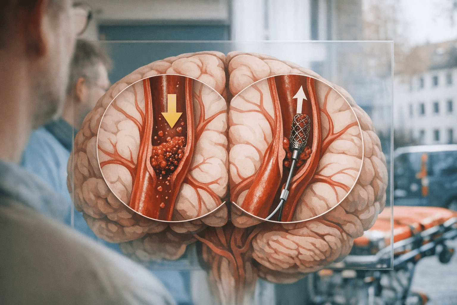 Akutbehandlung nach = Schlaganfall Akutbehandlung nach Schlaganfall: Darstellung von sop Thrombolyse und Thrombektomie bei einem Blutgerinnsel im Gehirn