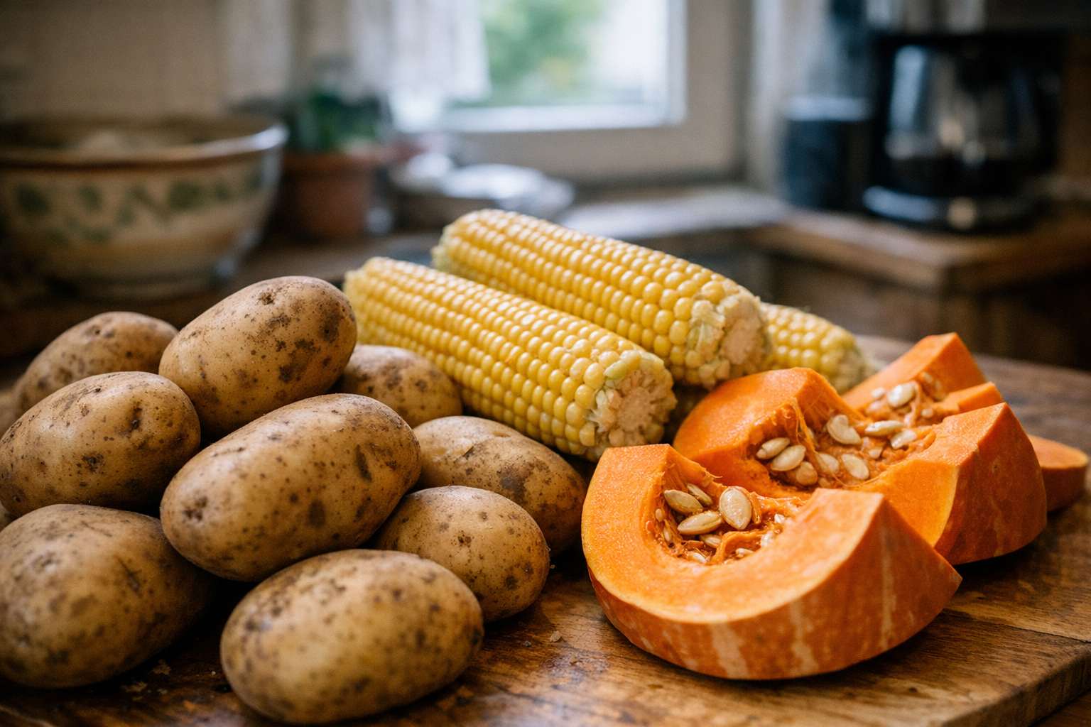 stärkehaltiges Gemüse wie Kartoffeln Mais und Kürbis stärkehaltiges Gemüse wie Kartoffeln, Mais und Kürbis