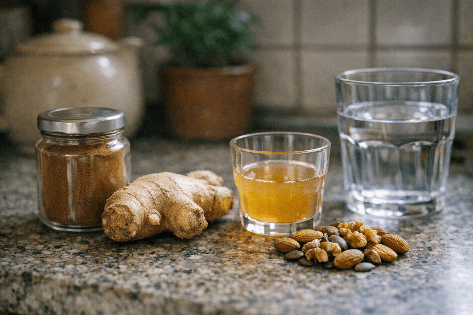 natürliche Hausmittel gegen hohen Blutzucker Hausmittel wie Ceylon-Zimt, Ingwer, Apfelessig und Nüsse gegen hohen Blutzucker auf einer Küchenplatte mit Wasserglas