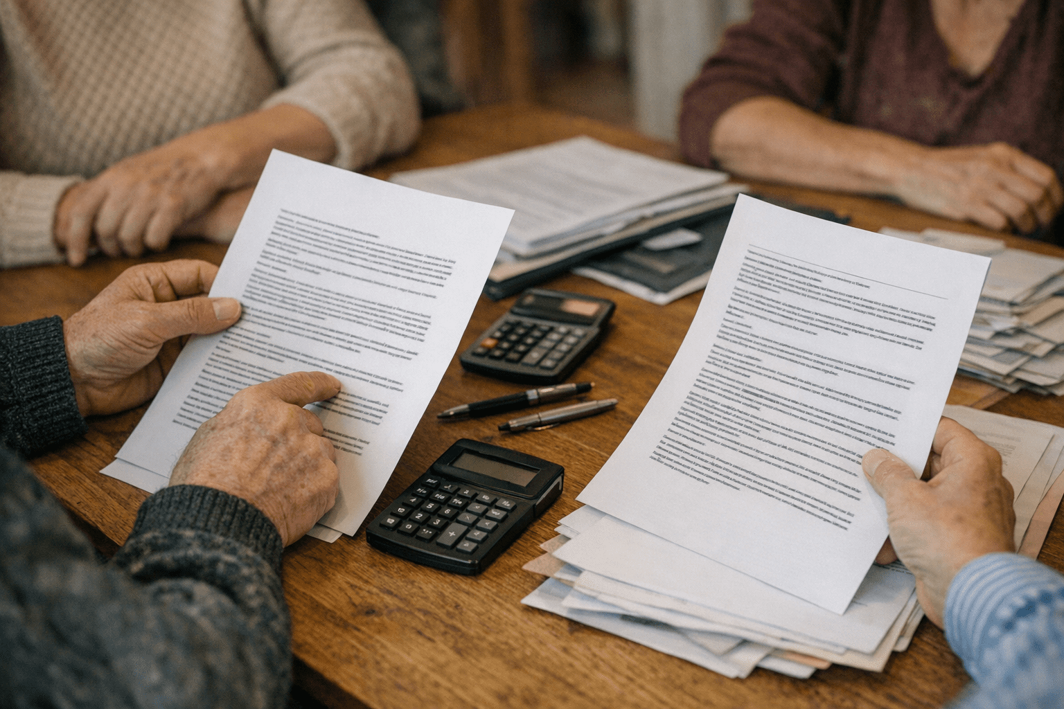 Vertragsgestaltung und Kosten in einer Demenz-WG Hände prüfen Miet- und Pflegeverträge in einer Demenz-WG mit Papier und Taschenrechner
