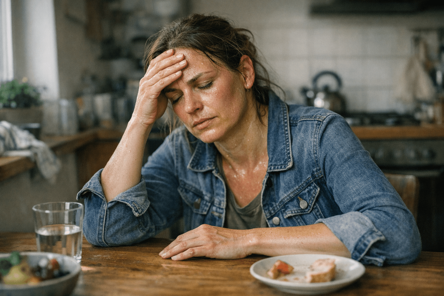 Frau mit Schwindel und Schwitzen als Warnzeichen Frau mit Schwindel und Schwitzen als Warnzeichen