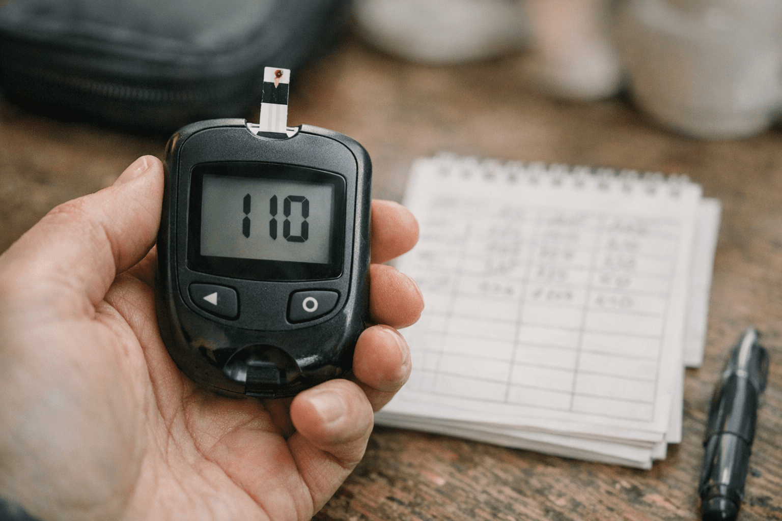 Blutzuckerwerte auf einem Messgerät ablesen Blutzuckermessgerät mit Anzeige von 110 mg/dl, gehalten in einer Hand, daneben Notizblock mit handschriftlichen Blutzuckerwerten