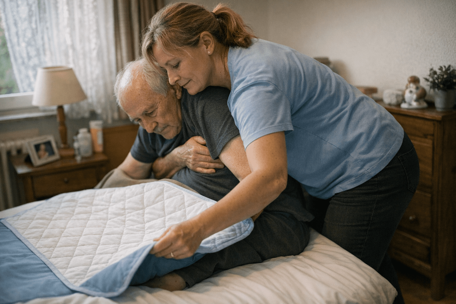 Praxistest von waschbaren Bettschutzeinlagen im Alltag Pflegekraft wechselt eine waschbare Bettschutzeinlage im Pflegealltag