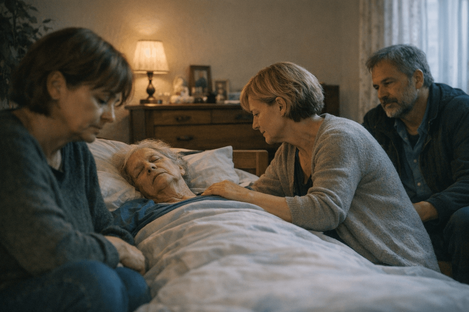 Angehörige sitzen ruhig am Bett eines sterbenden demenzkranken Menschen Angehörige sitzen ruhig am Bett eines sterbenden demenzkranken Menschen