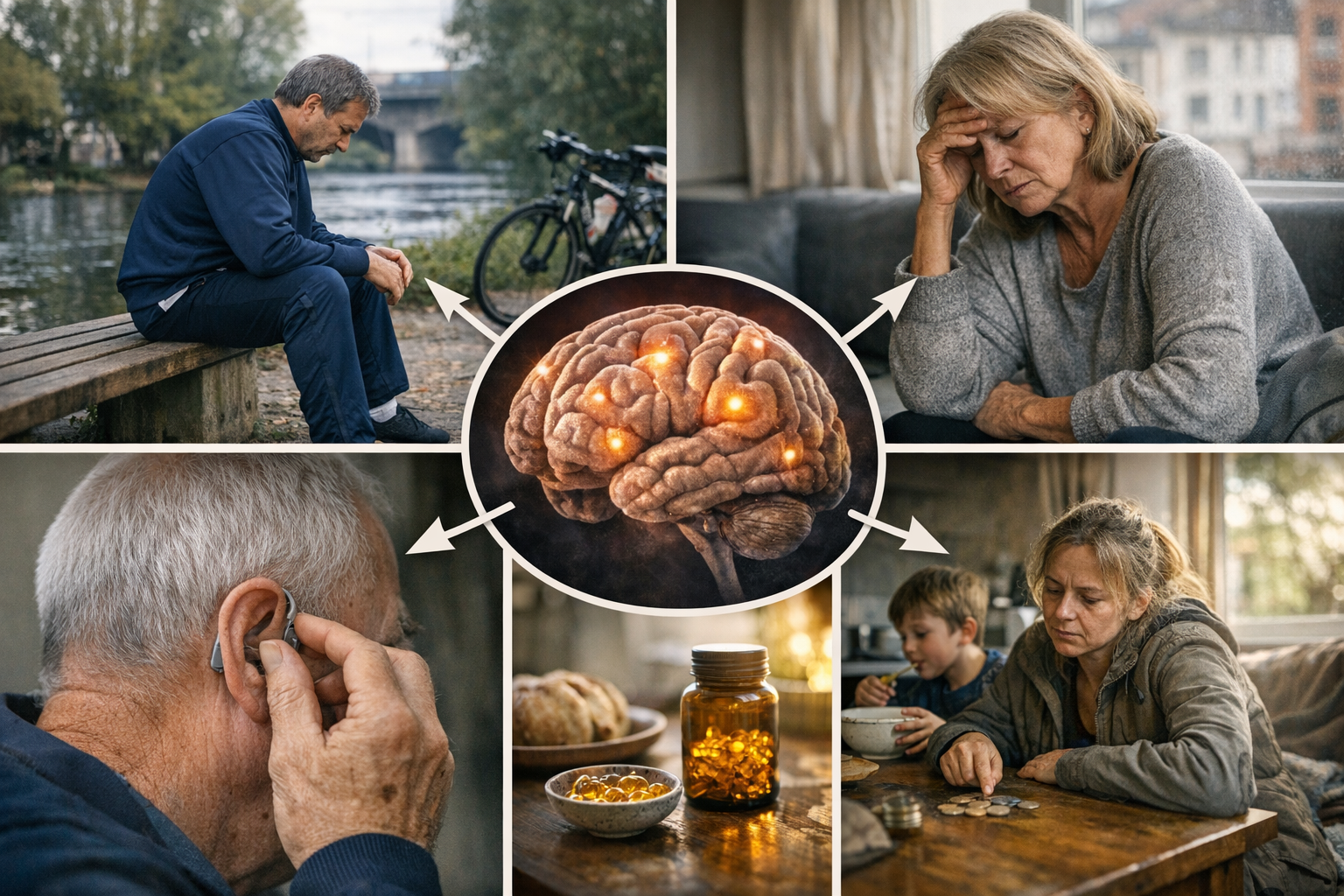 Risikofaktoren für Demenz Collage von Risikofaktoren für Demenz mit Gehirnillustration