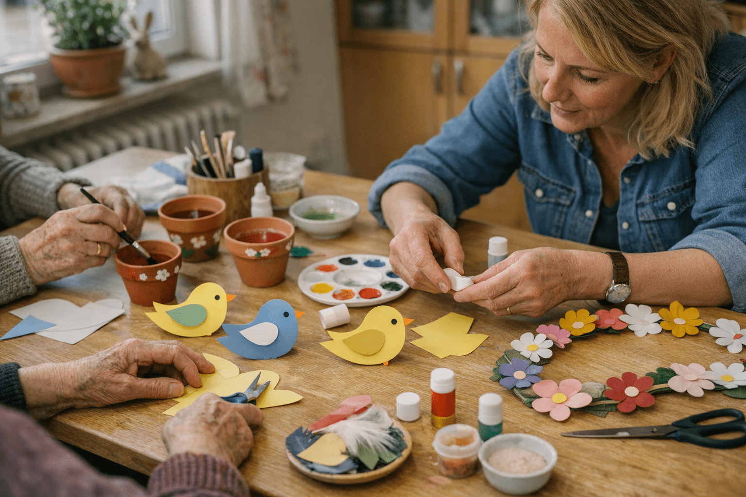 Einfache Bastelideen für Demenzkranke Einfache Bastelideen für Demenzkranke mit Papier, Blumentöpfen und Blumen auf einem Tisch