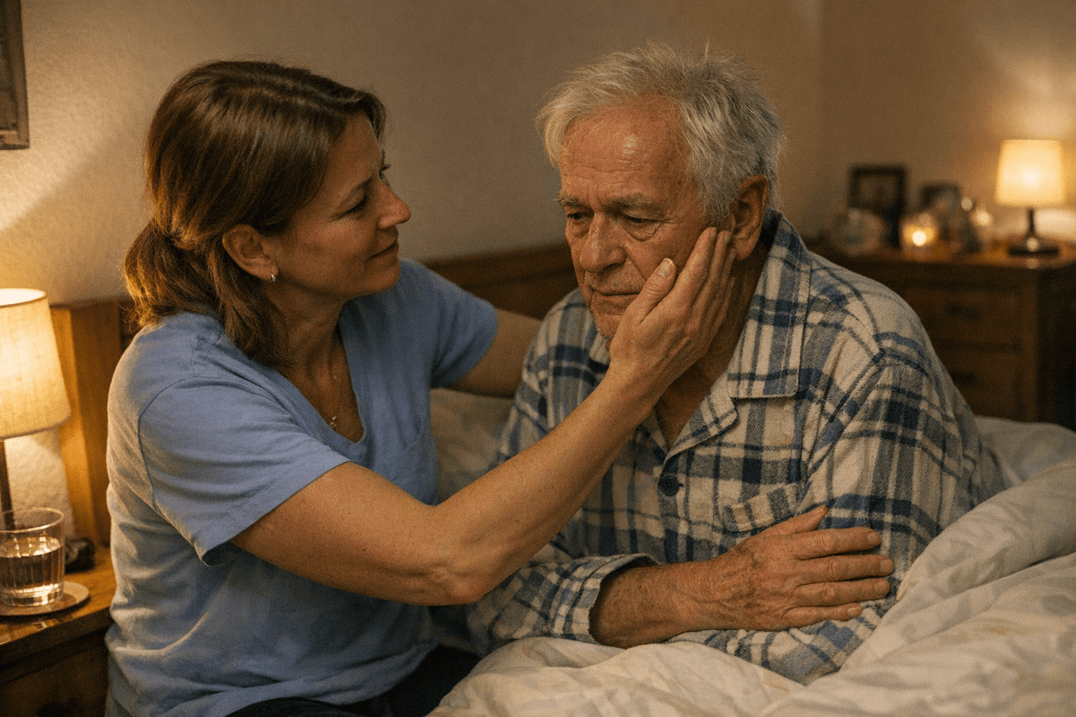 Pflegende Angehörige bei nächtlicher Unruhe Pflegende Angehörige beruhigen Demenzkranken bei nächtlicher Unruhe