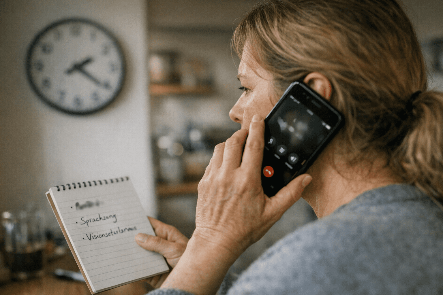 Notruf Schlaganfall richtig absetzen Notruf bei Schlaganfall: Person telefoniert mit 112, Notizblock mit Symptomen, Uhrzeit notiert