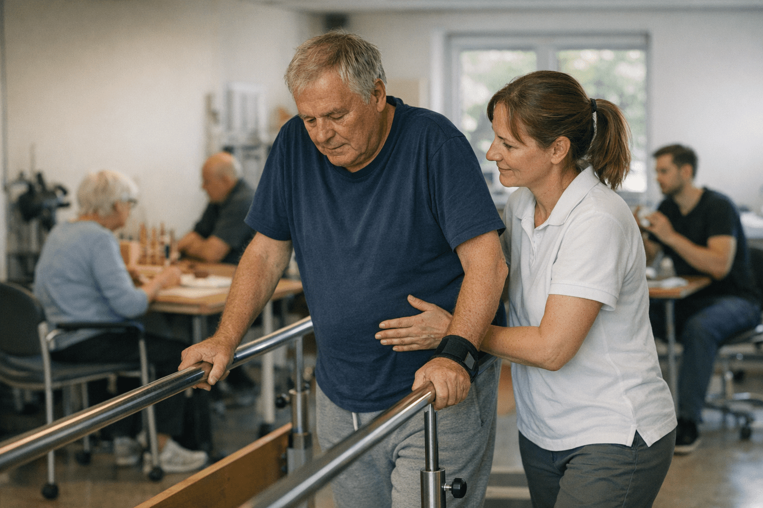 Rehabilitation nach Schlaganfall Rehabilitation nach Schlaganfall: Patient bei Physiotherapie mit Therapeut, weitere Patienten bei Ergo- und Logopädie