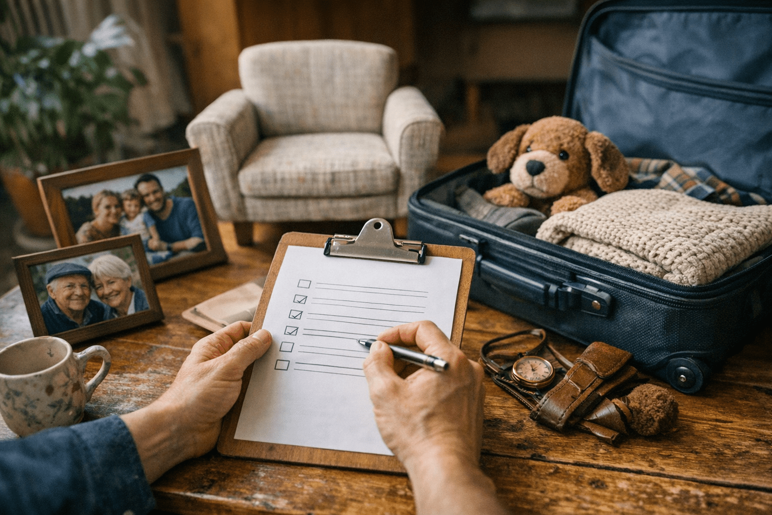 Checkliste für den Einzug in eine Demenz-WG Checkliste auf einem Klemmbrett mit persönlichen Gegenständen für den Einzug in eine Demenz-WG