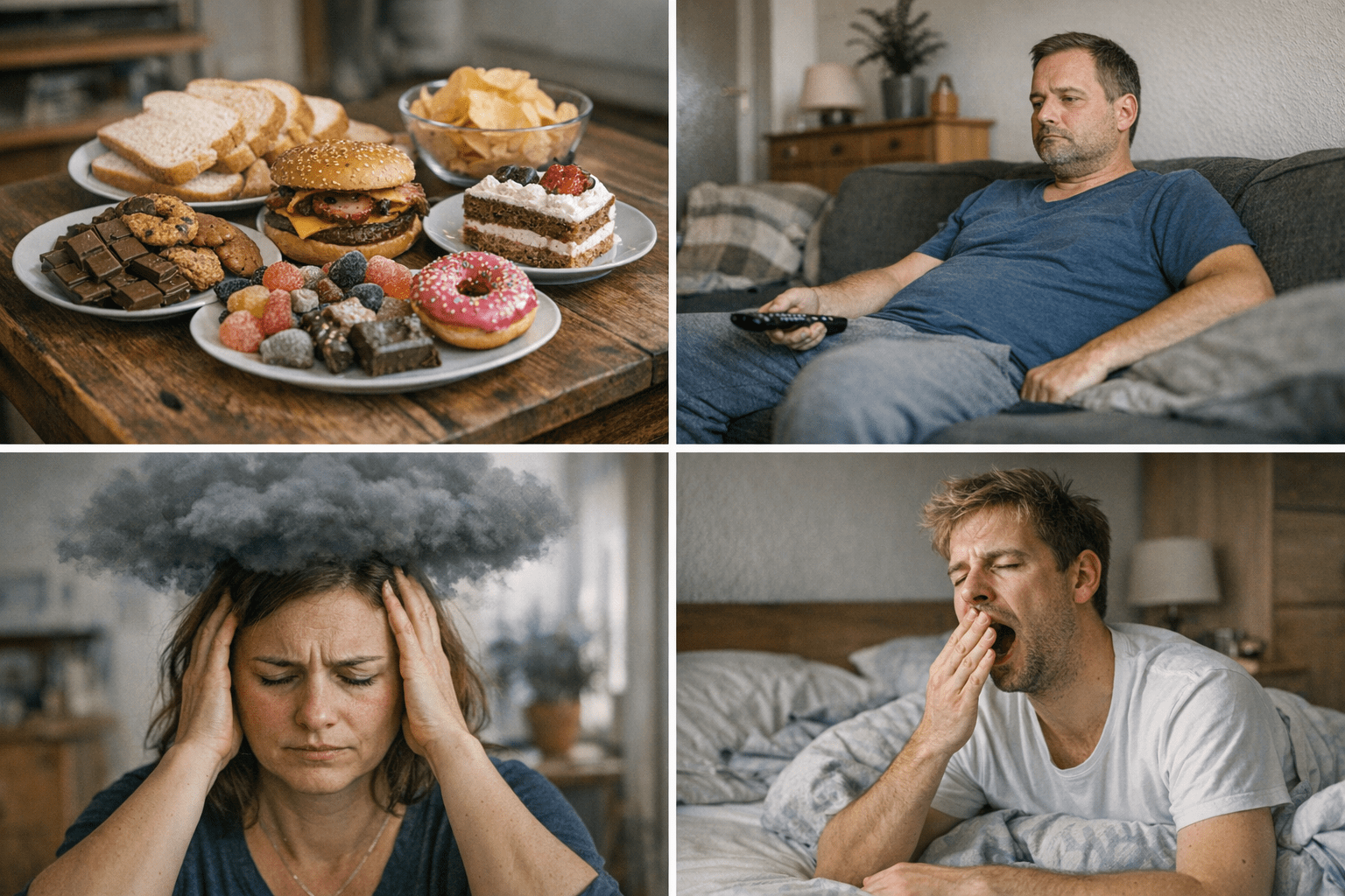 Ursachen für erhöhten HbA1c Wert Infografik zu Ursachen für erhöhten HbA1c: ungesunde Ernährung, Bewegungsmangel, Stress, Schlafmangel