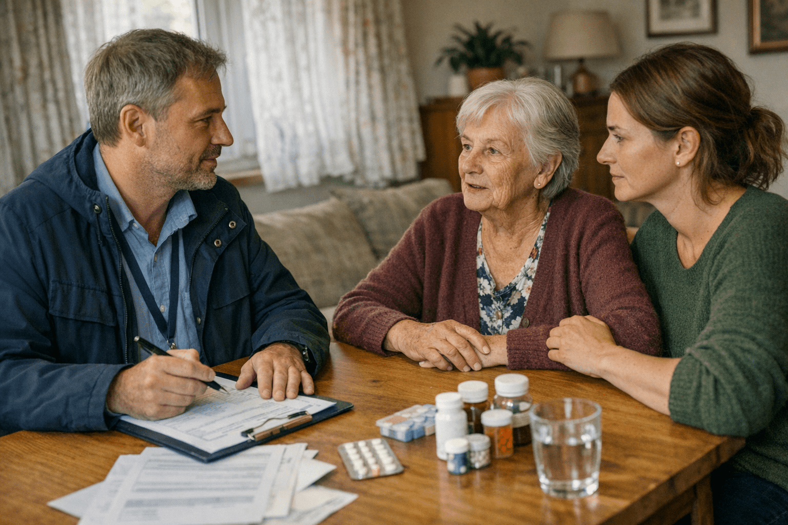 Begutachtung Medizinischer Dienst Begutachtung durch den Medizinischen Dienst bei einem Hausbesuch mit Patient und Angehörigem