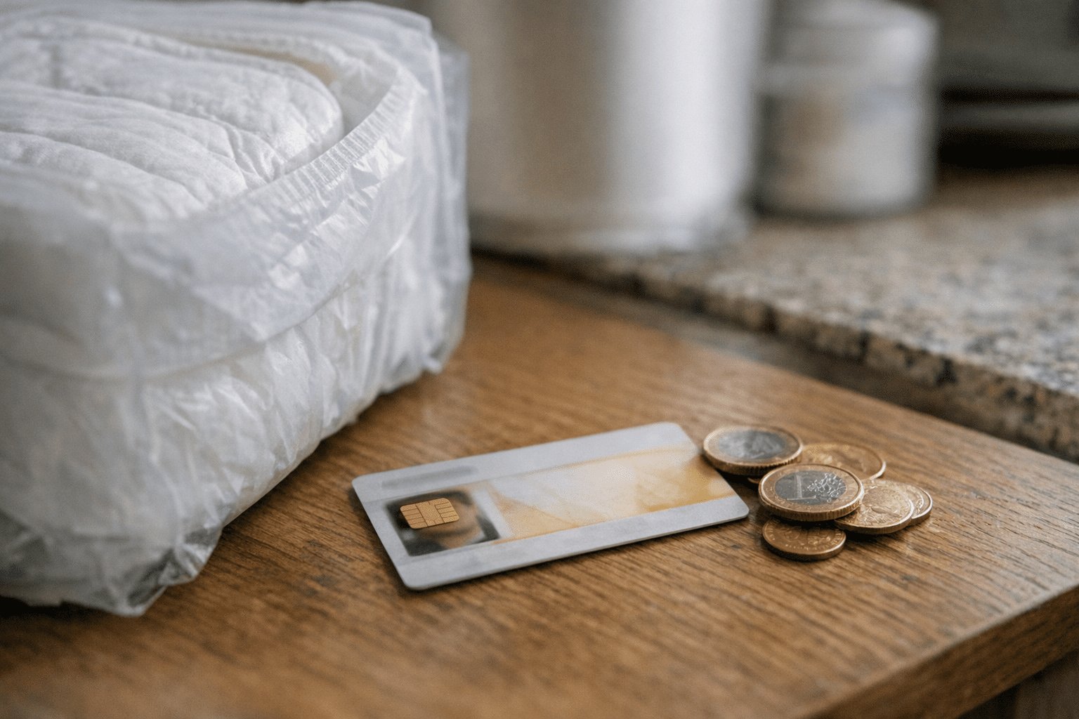 Krankenkassenkarte und Euro-Münzen neben Inkontinenzmaterial Krankenkassenkarte und Euro-Münzen neben Inkontinenzmaterial