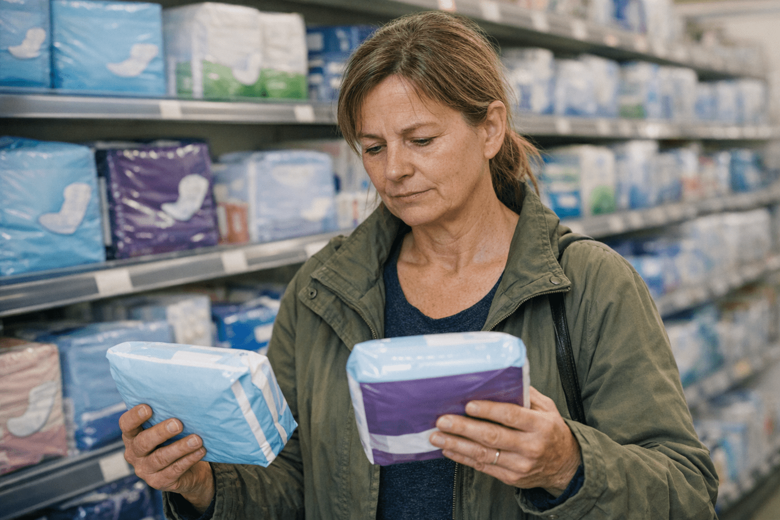 Frau prüft verschiedene Inkontinenzeinlagen im Drogeriemarkt Frau prüft verschiedene Inkontinenzeinlagen im Drogeriemarkt